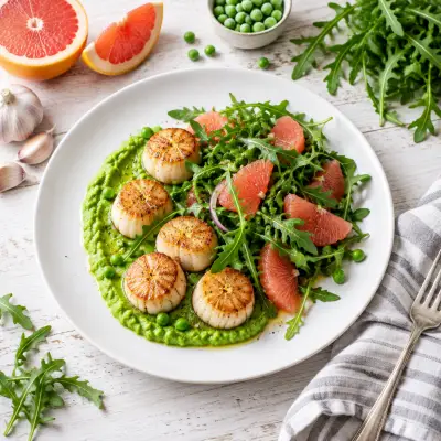 Pan-Seared Scallops with Pea Purée & Grapefruit-Arugula Salad