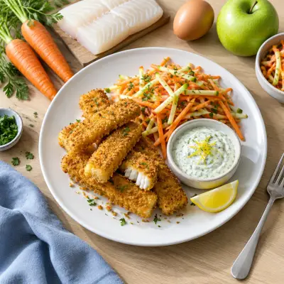 Panko-Crusted Fish Sticks with Lemon-Herb Dip & Carrot-Apple Slaw