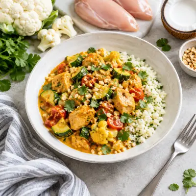 Peanut-Coconut Chicken Curry with Zucchini, Tomato & Cauliflower Rice