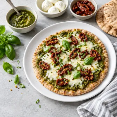 Pita Bread Pizza with Basil Pesto, Mozzarella & Sun-Dried Tomatoes