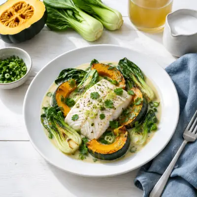Poached Halibut with Roasted Bok Choy & Acorn Squash in Coconut Broth