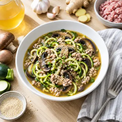 Pork, Portobello Mushroom & Zucchini Noodle Soup with Sesame Seeds