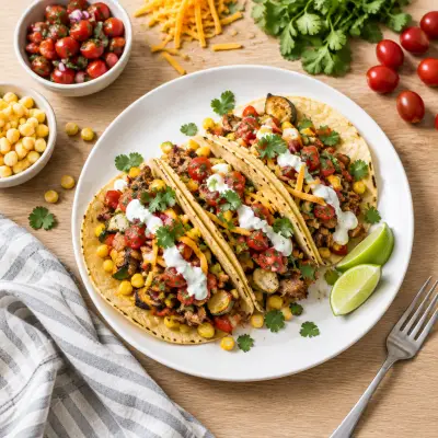 Pork Tacos with Roasted Veggies, Fresh Salsa & Lime Crema