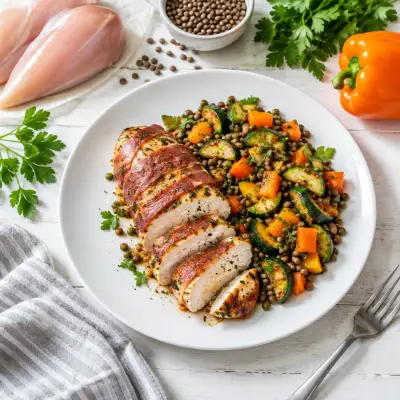 Prosciutto-Wrapped Chicken with Warm Lentil, Pepper & Zucchini Salad