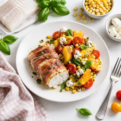Prosciutto-Wrapped Cod with Tomato, Corn, Peach & Goat Cheese Salad