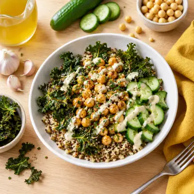 Quinoa Bowl with Kale Chips, Marinated Chickpeas & Tahini Dressing