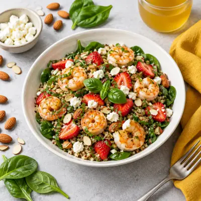 Quinoa-Spinach Salad with Shrimp, Strawberries, Basil, Feta & Almonds