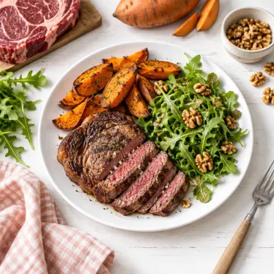 Ribeye Steak with Sweet Potato Wedges & Arugula-Walnut Salad