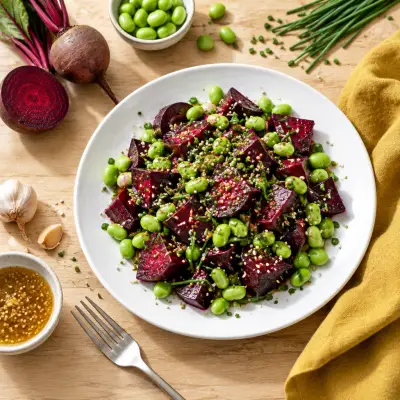 Roasted Beet & Edamame Salad with Sesame-Ginger Vinaigrette
