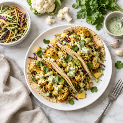 Roasted Cauliflower Tacos with Broccoli-Mango Slaw & Cilantro Sauce