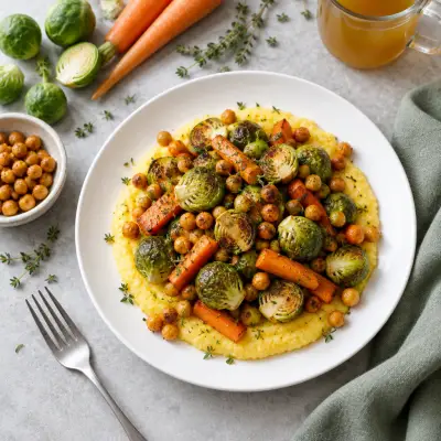 Roasted Chickpeas, Brussels Sprouts & Carrots with Polenta