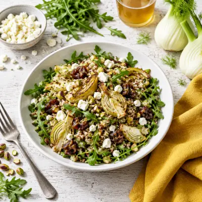 Roasted Fennel-Quinoa Salad with Arugula, Dates, Pistachios & Feta