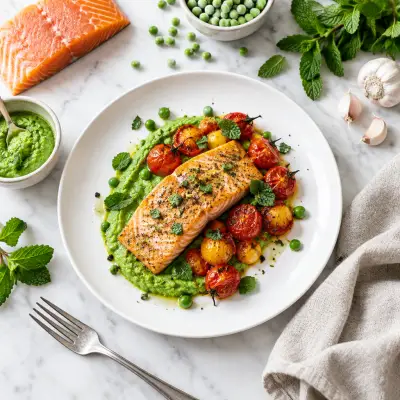 Roasted Salmon & Tomatoes with Minted Pea Puree