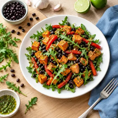 Roasted Sweet Potato & Black Bean Salad with Arugula & Bell Pepper