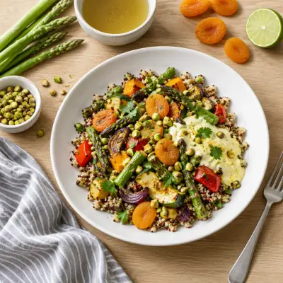 Roasted Veggie, Dried Fruit & Pistachio Quinoa Bowl with Curry Yogurt