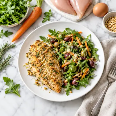 Rosemary-Parmesan Crusted Chicken with Olive, Pine Nut & Arugula Salad