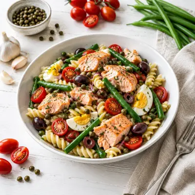 Salmon Nicoise Pasta Salad with Kalamata Olive-Caper Vinaigrette