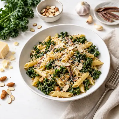 Sautéed Kale "Caesar" Penne with Almonds, Bread Crumbs & Parmesan