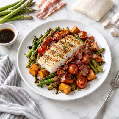 Seared Cod with Bacon-Balsamic Tomatoes, Asparagus & Sweet Potatoes