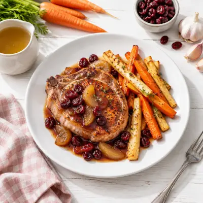 Seared Pork Chop with Cranberry-Pear Pan Sauce, Parsnips & Carrots