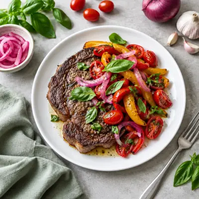 Seared Ribeye with Roasted Peppers, Tomatoes, Pickled Onions & Basil