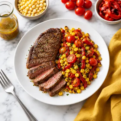 Seared Strip Steak with Cajun Corn, Tomato & Roasted Red Pepper Sauté