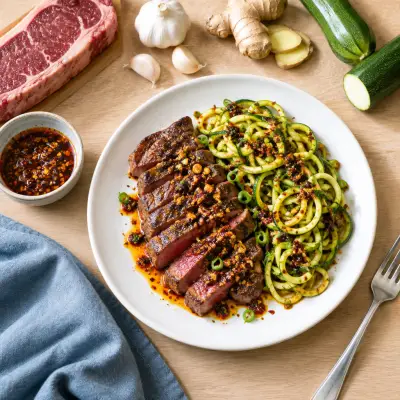 Seared Strip Steak with Crunchy Zucchini Noodles & Sizzling Chili Oil