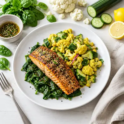 Sesame Salmon over Warm Spinach, Curried Cauliflower & Cucumber Salad