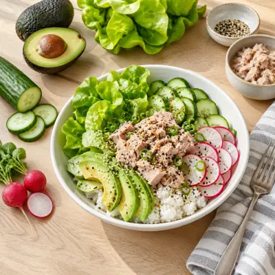 Sesame Tuna Rice Bowl with Lettuce, Cucumber, Radish & Avocado