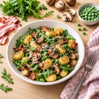 Sheet Pan Gnocchi Bake with Bacon, Mushrooms, Arugula & Green Peas