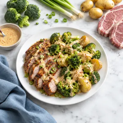 Sheet Pan Pork & Warm Broccoli-Potato Salad with Creamy Cajun Dressing