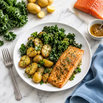 Sheet Pan Salmon with Honey-Dijon Roasted Kale & Potatoes