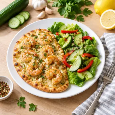 "Shrimp Scampi" Pita Pizza with Cucumber, Bell Pepper & Romaine Salad