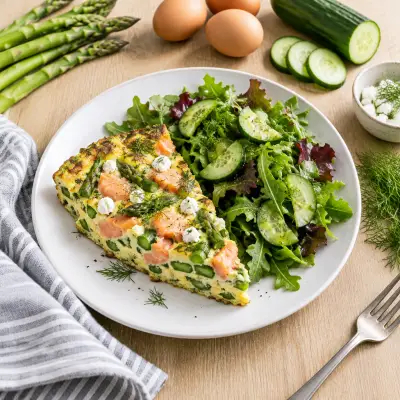 Smoked Salmon, Asparagus, Goat Cheese & Dill Frittata with Green Salad