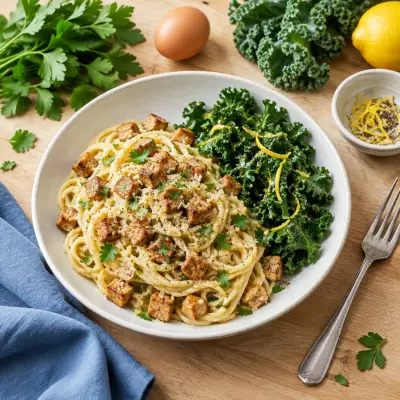 Spaghetti "Carbonara" with Tempeh, Parsley & Lemony Kale Salad