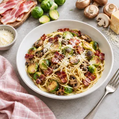 Spaghetti with Roasted Bacon, Brussels Sprouts, Mushrooms & Parmesan