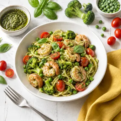 Spaghetti with Shrimp, Grape Tomatoes, Broccoli, Peas & Basil Pesto