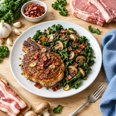 Spice-Rubbed Pork Chop with Garlicky Bacon, Kale & Mushroom Sauté