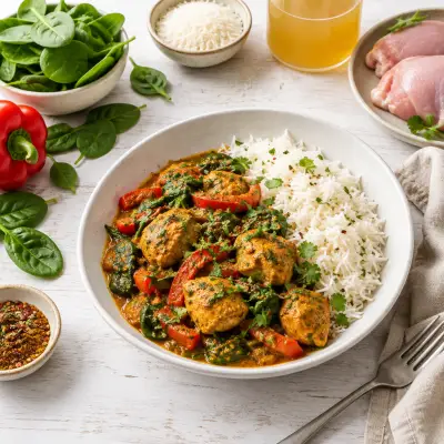 Spiced Pakistani-Style Chicken Curry with Bell Pepper, Spinach & Rice