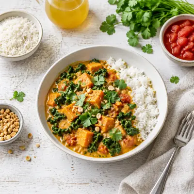 Spicy African Peanut Curry with Sweet Potato, Kale, Cilantro & Rice