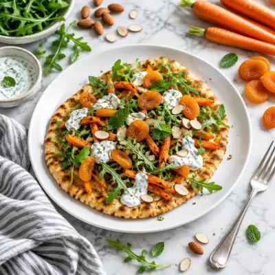 Spicy Carrot Flatbread with Arugula, Apricots, Almonds & Minted Yogurt