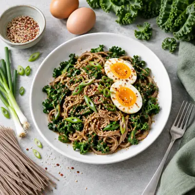 Spicy Sesame Soba Noodles with Kale, Green Onion & Soft-Boiled Eggs