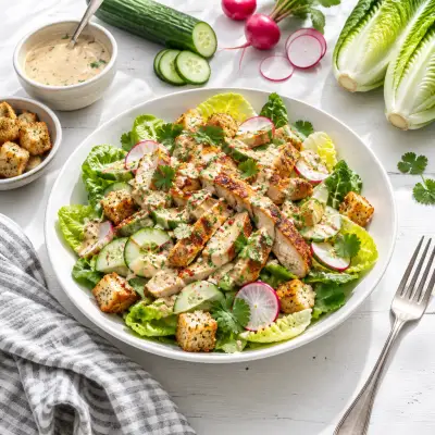 Spicy Thai-Style Chicken Caesar Salad with Cucumber, Radish & Croutons