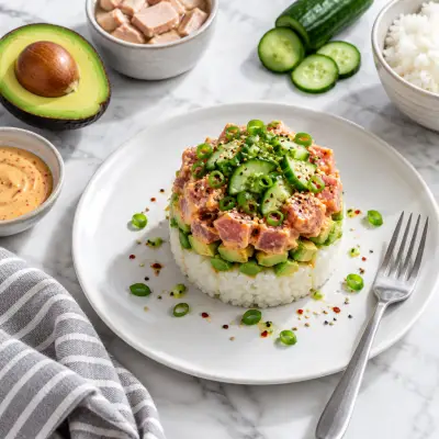 Spicy Tuna Sushi Stack with Sticky Rice & Avocado