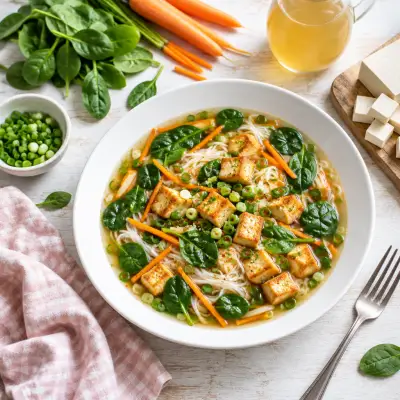 Spinach, Carrot & Rice Noodle Soup with Crispy Tofu