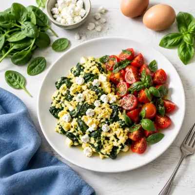 Spinach Feta Scramble with Tomato Basil Salad