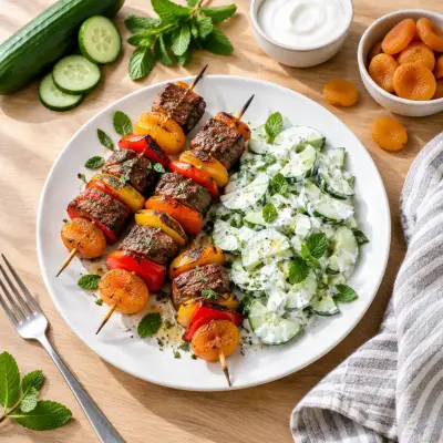 Steak, Bell Pepper & Apricot Skewers with Creamy Cucumber-Mint Salad