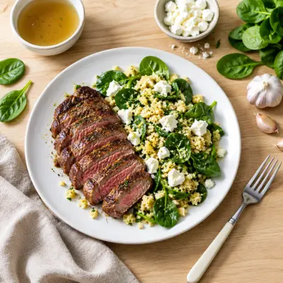 Striploin Steak with Couscous, Spinach & Feta Salad