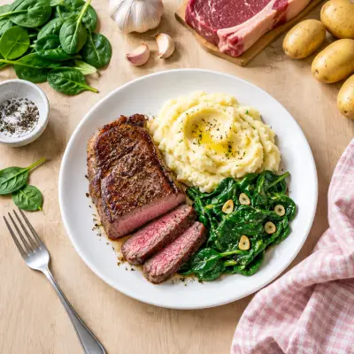Striploin Steak with Mashed Potatoes & Garlicky Spinach Sauté