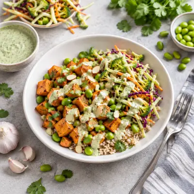 Sweet Potato-Edamame Rice Bowl with Broccoli Slaw & Almond-Lime Sauce